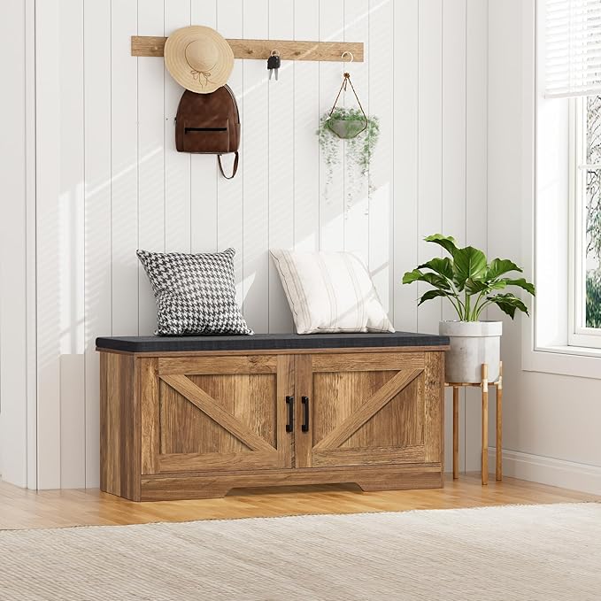 2-Tier Storage Bench, 39.4" Wide Shoe Bench with Padded Seat Cushion, Entryway Bench with 2 Barn Doors and Adjustable Shelf, Rustic Walnut