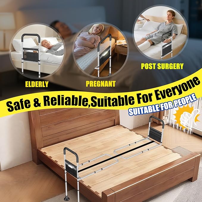 Bed Rails for Elderly Adults Safety,ASTM Approved Adjustable Bed Assist Rails For Seniors,Anti-Slip Ergonomic Handle,440lb Weight Capacity,Comes with storage bag,Night sensor light & Bed Ladder Assist