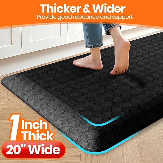 StepRite 1” Thick Kitchen Mats for Floor, Anti Fatigue Kitchen Rugs, Non-Slip,Heavy Duty Waterproof Kitchen Rug, Standing Desk Mat，Xmas Decor，Gifts for Friends, Family, Home, Kitchen, Office, (Black)