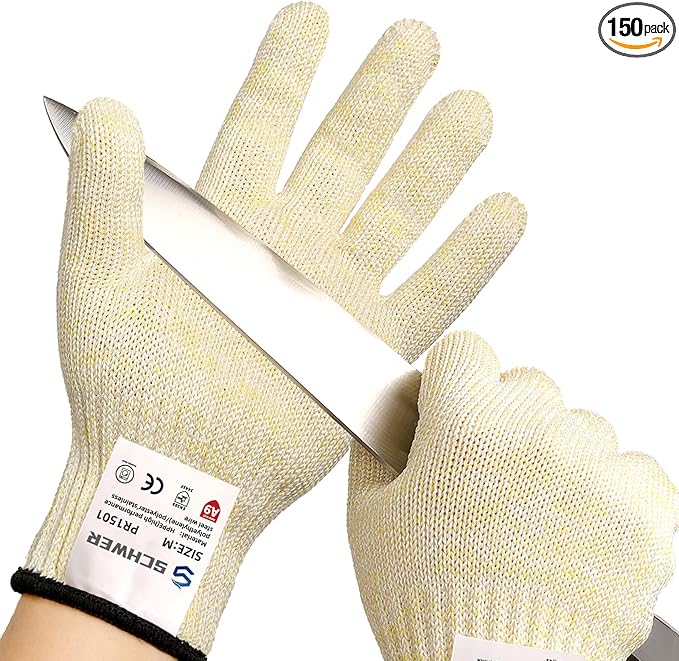 SlicePro ANSI A9 Cut Resistant Gloves PR1501, Food Grade Reliable Cutting Glove, Mandoline Glove for Kitchen Meat Cutting, Oyster Shucking, Fish Fillet Processing, Wood Working (150 Pairs, L)