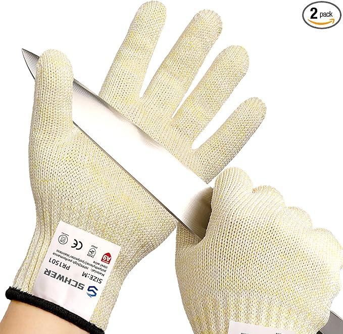 Schwer SlicePro ANSI A9 Cut Resistant Gloves, Food Grade Cutting Glove, Mandoline Gloves for Kitchen, Oyster Shucking, 2 Pairs, XL, Beige
