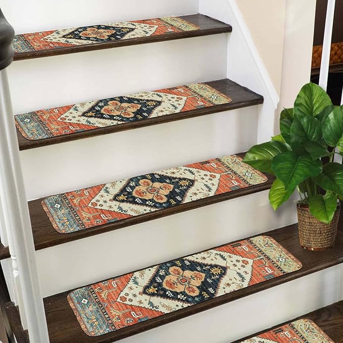 OJIA Non-Slip Carpet Stair Treads for Wooden Steps Set of 15, 30''X8'' Indoor Runner Resistant Rugs Rubber Safety Mats for Dogs, Kids & Elders, Stairway Grip