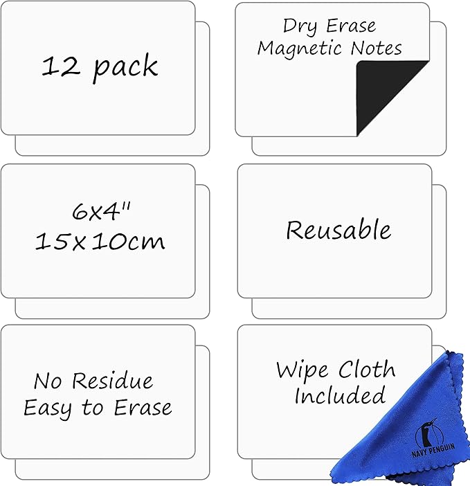 Dry Erase Magnets Set - 12 Pack - 6x4 in Whiteboard Magnetic Notes Planning Pads Labels - Large White Board Magnet Strips Name Tags for Home and Office