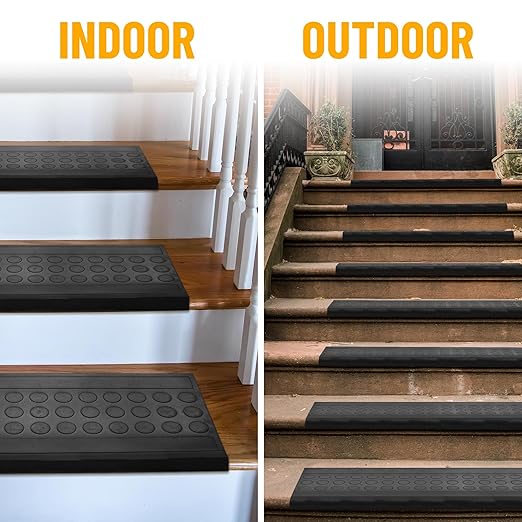 Ottomanson All-Weather Bullnose Rubber Stair Treads – Non-Slip Step Mats for Wooden, Concrete, or Outdoor Stairs, Easy Maintenance, Tool-Free Placement, Pack of 5, 10" x 30", Black Coin
