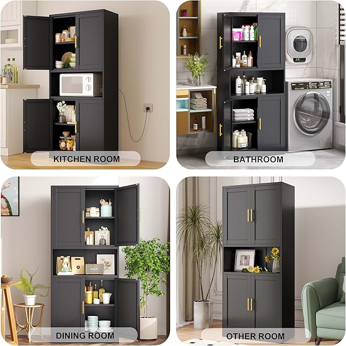 61.02" Kitchen Pantry Cabinet, Large Metal Storage Cabinet with 4 Doors and 1 Open Storage Compartment, Corner Display Organizer with 2 Adjustable Shelves for Kitchen Bedroom or Hallways