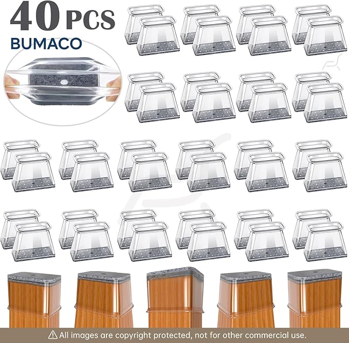 BUMACO Chair Leg Floor Protectors Rectangle Chair Leg Protectors for Hardwood Floors Silicone Pads Covers to Protect Floors(Clear-40 Pcs, Rectangle M Fit (Perimeter: 3-3/4"~4-7/8")