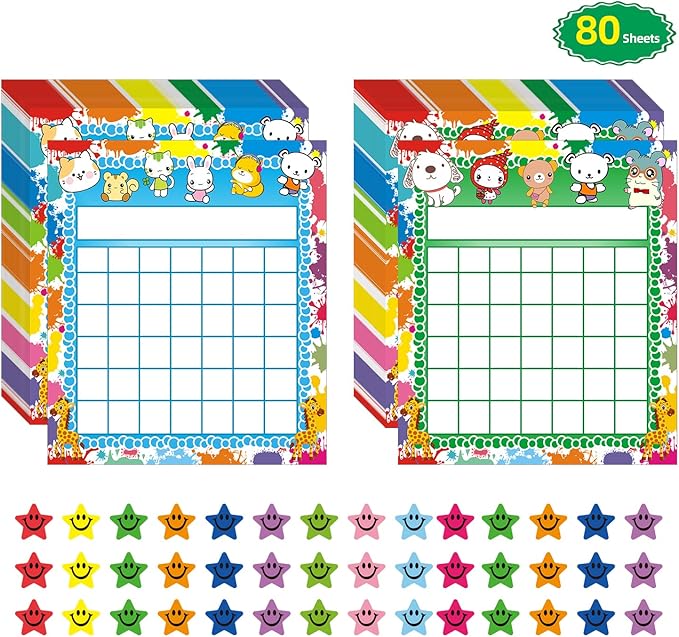 REGELETO 80 Pack Classroom Incentive Chart for 2 Designs with 2400 Pieces Colorful Star Stickers for Students Classroom Teaching or Family Using