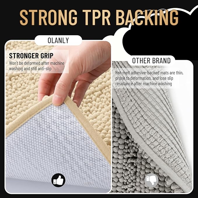 OLANLY Thick Bathroom Rugs 44x24, Extra Soft Absorbent Chenille Striped Bath Rugs, Rubber Backing, Machine Wash Dry, Bath Mats for Bathroom Floor, Tub and Shower, Home Decor Accessories, Beige
