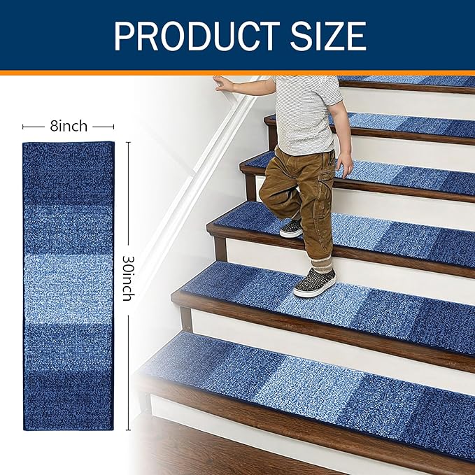 OLANLY Stair Treads Non Slip 4PCS, 8" x 30" Indoor Stair Runners for Wooden Steps, Edging Stair Rugs with Reusable Peel and Stick Adhesive for Kids Elders and Pets, Navy