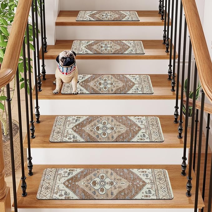 OJIA Super Non-Slip Stair Treads for Wooden Steps, 30"X8" Indoor Stair Runners Slip Resistant Stair Rugs Safety Mats for Dogs, Kids & Elders, Rubber Backed Stair Treads Stair Covers (15PC)