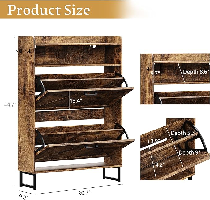 Shoe Cabinet with 2 Flip Drawers, 45" Freestanding Narrow Wood Shoe Storage Cabinet with Metal Legs and Hooks, Slim Shoe Rack Organizer for Entryway, Hallway, Brown