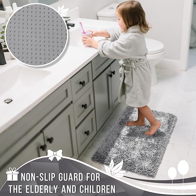 Yimobra Bathroom Rugs Sets 2 Piece, Soft Absorbent Bath Mat and U-Shaped Toilet Rug with Non Slip Backing, Luxury Shaggy Bath Mats for Bathroom, Machine Washable, 31.5"x20"+24"x20", Light Grey