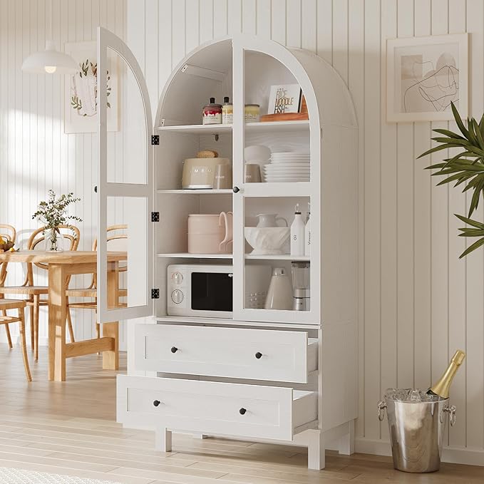 71" Tall Arched Kitchen Pantry, Kitchens Pantry Storage Cabinet with 2 Large Drawers and Adjustable Shelves, Modern Farmhouse Versatile Cupboard for Kitchen, Dining Room, Bathroom, White