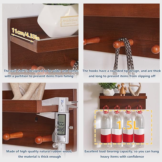 Coat Hook Wall Mount with Shelf, 15.75in Wood Wall Hooks with Storage, for Entryway, Bathroom, Kitchen, Walnut Color YD-WS0240H