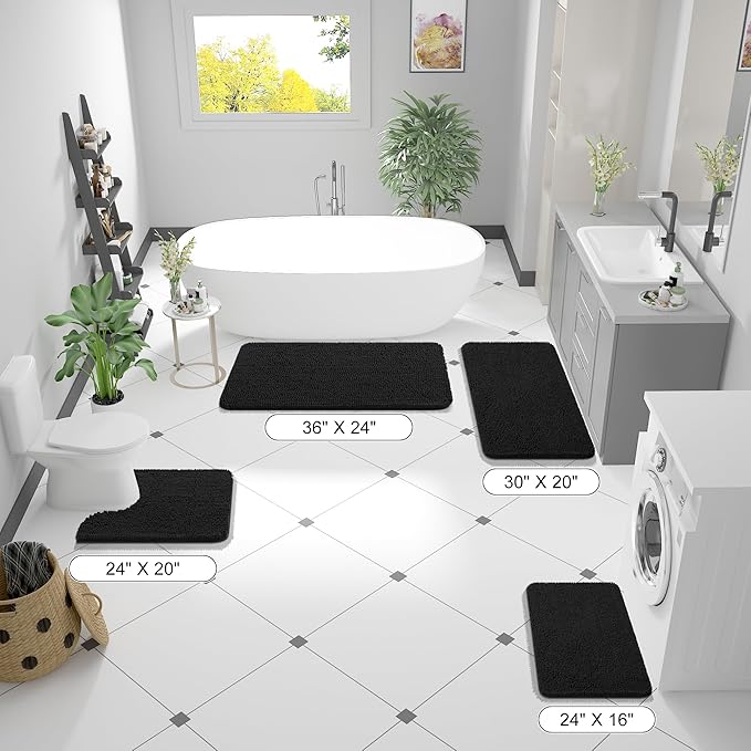 OLANLY Bathroom Rugs 47x32, Extra Soft Absorbent Chenille Bath Rugs, Rubber Backing Quick Dry, Machine Washable Bath Mats for Bathroom Floor, Tub and Shower, Home Decor Accessories, Black
