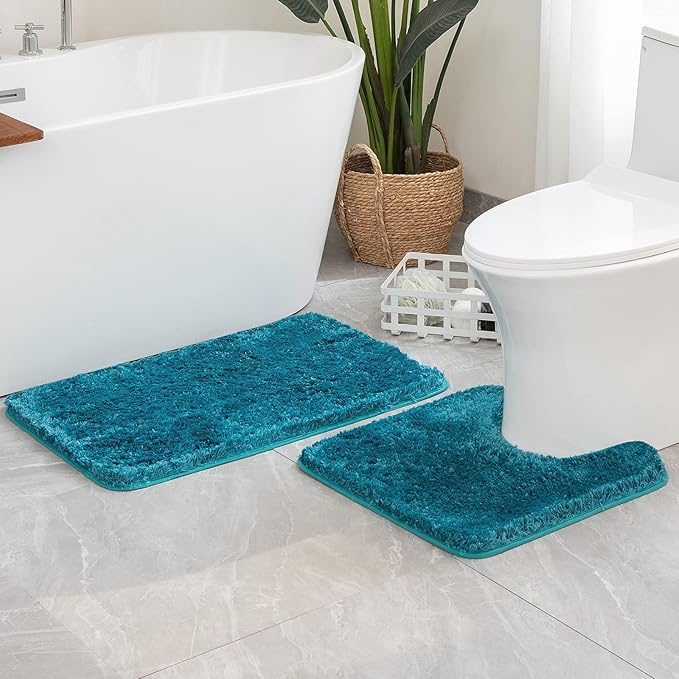 MIULEE Microfiber Toilet Bath Mat U-Shaped Contour Shaggy Bathroom Rugs Non Slip Extra Thick Soft Bath Rug Absorbent Water for Bathroom Commode Machine Washable(24x24 Inch, Teal)