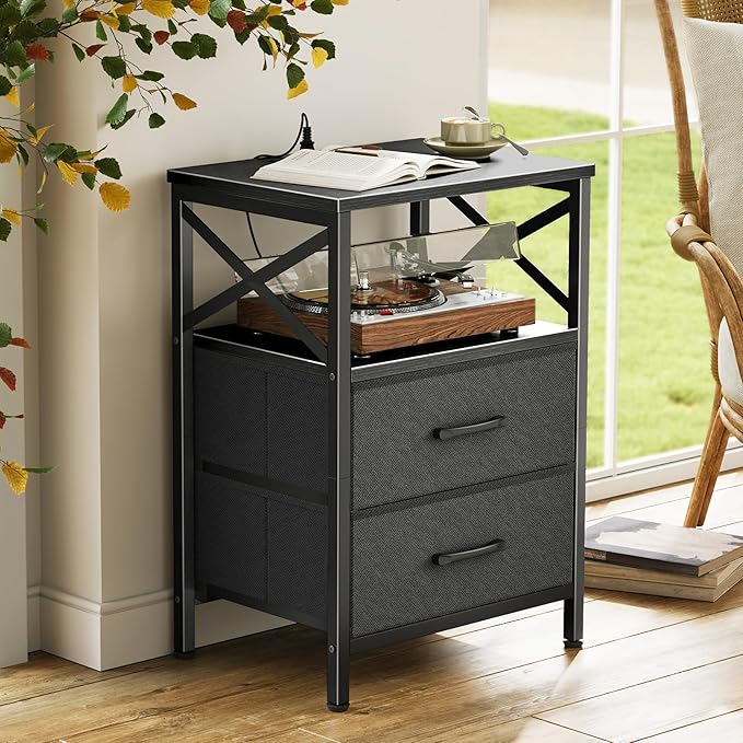 Huuger Nightstands Set of 2, Night Stand with Charger Station, 2 Drawer Side Table with Open Shelf, USB-C Port, End Table for Small Spaces, X Shaped Side Rail, Black