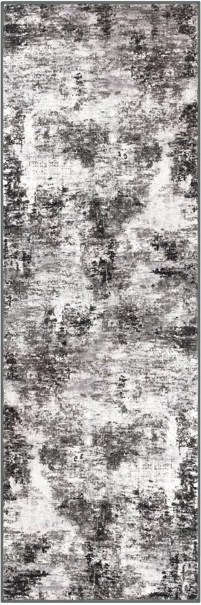 Modern Abstract Runner Rug 2x6, Black Grey Washable Kitchen Runner Non-Slip Soft Hallway Rug Runner Thin Print Faux Wool Carpet for Entryway Bedroom Laundry Room Indoor Home Decor