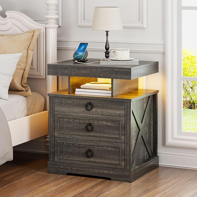 Gurexl Farmhouse Night Stand with Lockable Gun Drawer,LED Nightstand with Charging Station,Bedside Table with Human Sensor 3-Color Lights,End Table with 3 Drawers,Bedroom,Rustic
