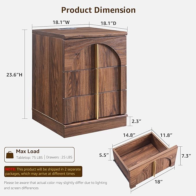 ACCOHOHO Modern Night Stand Set 2 with Arched Panel, 18" Nightstand with Charging Station, Side Table with 3 Storage Drawers, Wood Square Bedside End Table for Bedroom Living Room, Brown