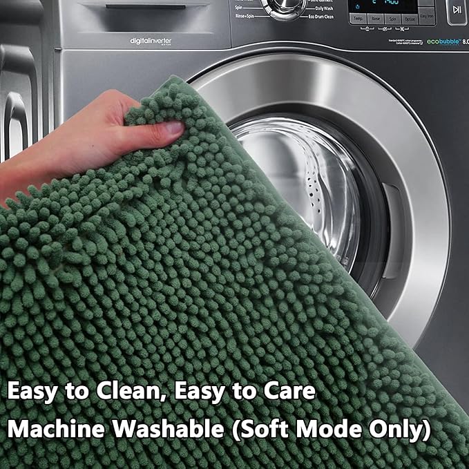 BOANKODU Bathroom Rugs Sets 2 Piece，47X16+16X24Inch，Absorbent Non-Slip Very Soft Chenille Mat,Machine Washable （Dark Green）