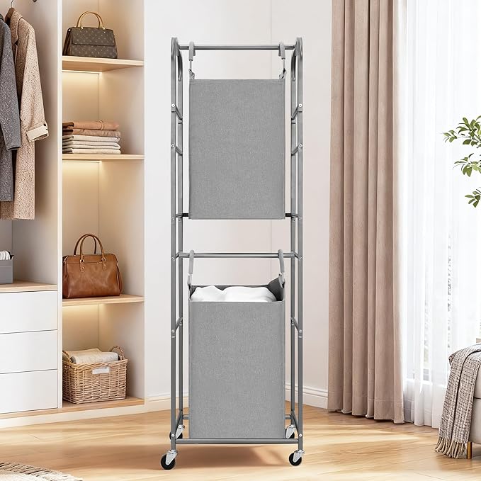 STORAGE MANIAC 2 Tier Vertical Laundry Hamper, 2 Section Laundry Sorter with 2 Removable Tote Bags, Rolling Clothes Basket for Towels, Blankets, Tall Dirty Clothes Hamper for Closet, Bathroom, 2 Bags