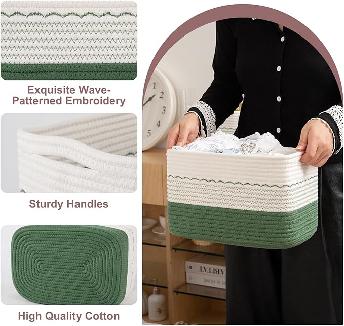 4 Pack Storage Baskets for Organizing, 13"X9"X7.87", Decorative Cotton Rope Baskets with Wave-Patterned Embroidery for Shelves, Small Woven Basket for Toys, Books and Towels, Green & White