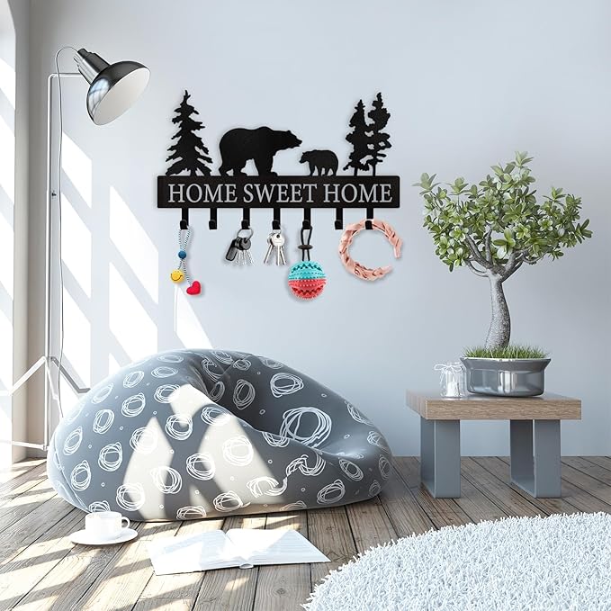 Personalized Key Holder for Wall - Metal Bear Key Rack Wall Mounted with Hooks - Key Holder Hooks Organizer Coat Rack - Animal Theme Hooks Sweet Home Decor for Storage, Hallway, Bedroom, Office