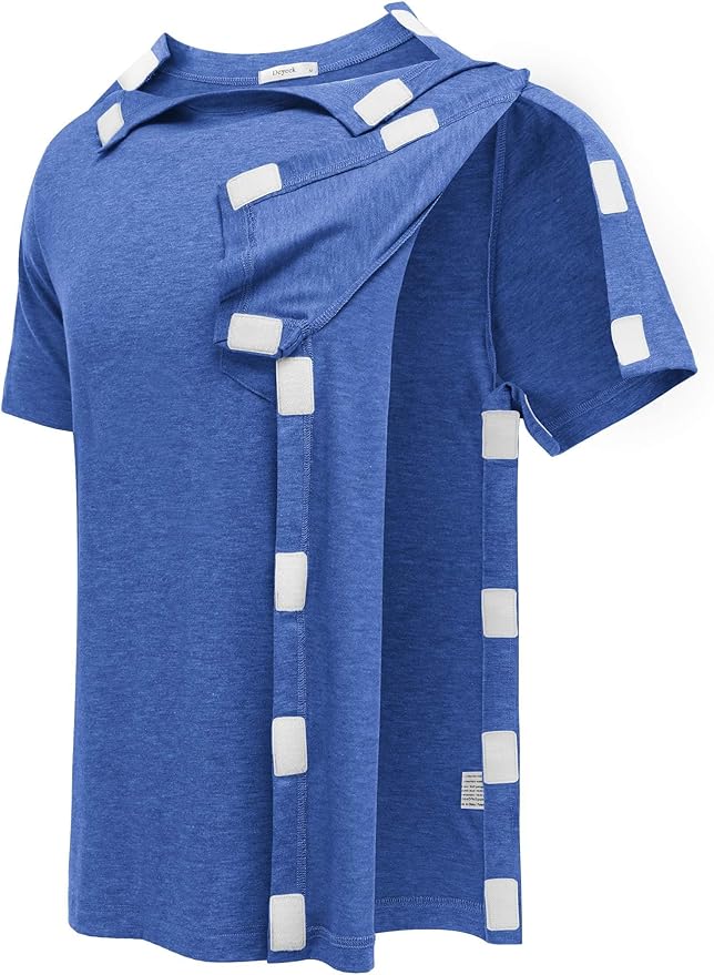 Deyeek Shoulder Post Surgery Recovery Shirts for Men Full Tear Away Short Sleeve T Shirt Adaptive Chemo Clothing