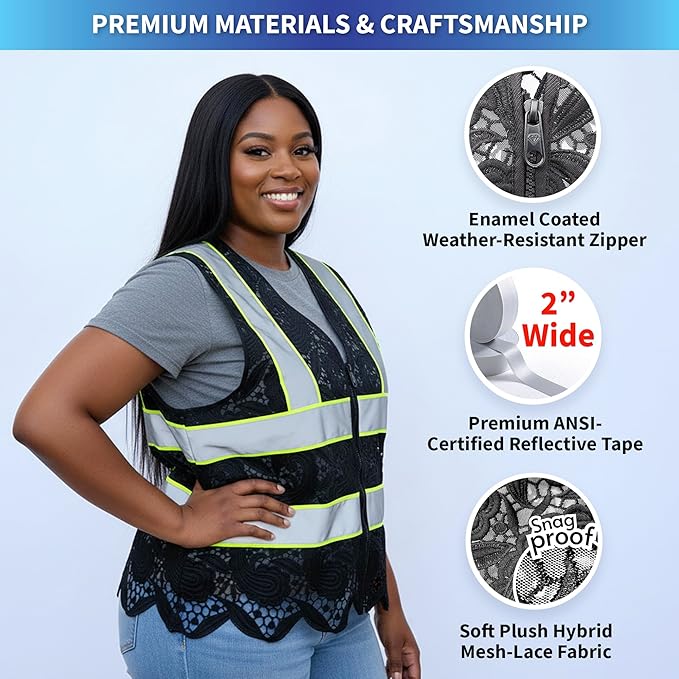 Lace-Mesh Safety Vest for Women & Men - Breathable, High Visibility Vest with Zipper & ANSI Class 2 Reflective Strips