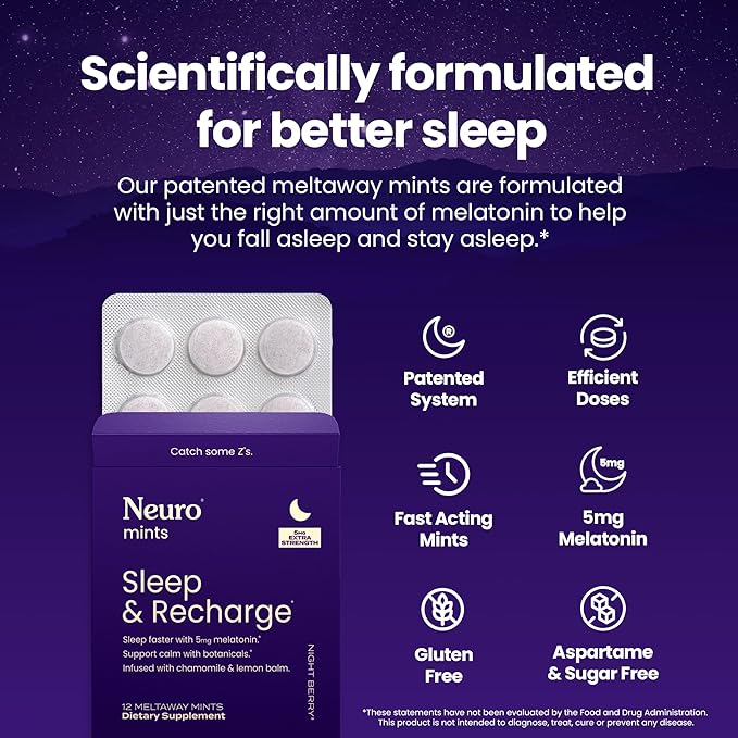 Neuro Sleep & Recharge Meltaway Mints - Contains Melatonin 5mg, Chamomile & Elderberry - Travel Aid for Nighttime Relaxation & Healthy Sleep Cycle - Night Berry 144, ct