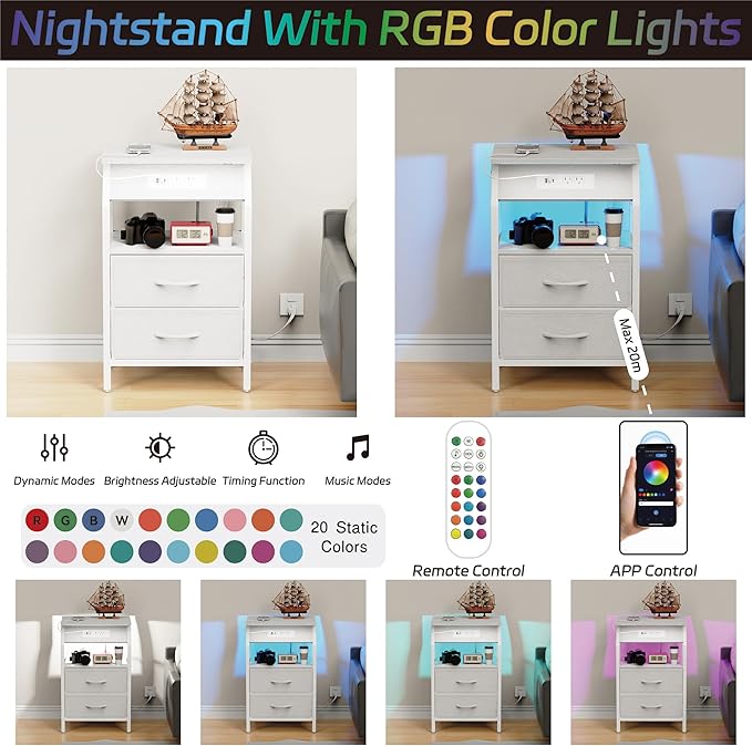 LED End Table, Nightstand with 2 Drawers and Charging Station Type C Port, Storage Fabric Dresser for Bedside, Small Side Table for Living Room Dorm, White