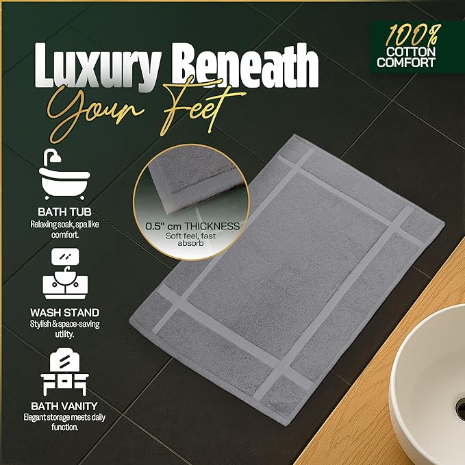 Pearl Linens 100% Ring Spun Cotton Bath Mat (Pack of 6) 20 x 30 Inch, Washable, Soft & Absorbent Terry Bathroom Floor Mat – Not Bathroom Rugs – Quick-Dry After Shower Bath Mat, 687 GSM, Light Grey