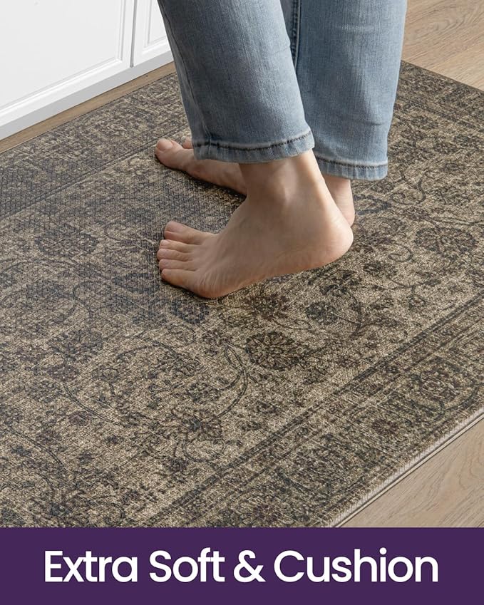 DEXI Kitchen Mats for Floor Cushioned, 23x35+23x59 Extra Large Runner Rug Non Slip, Waterproof Soft Comfort Standing Padded Anti Fatigue Decorative Set of 2, Brown