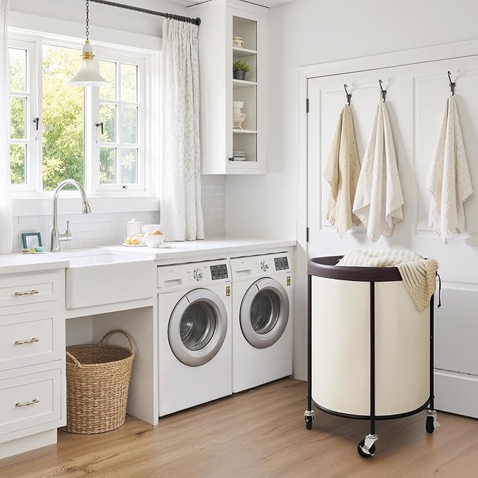 StorageWorks 52.8-Gallon(200L) Rolling Laundry Hamper, Heavy-Duty Round Laundry Basket with Wheels and Removable Bag, Hamper for Laundry Room Organization and Storage, Bathroom, Bedroom, Beige