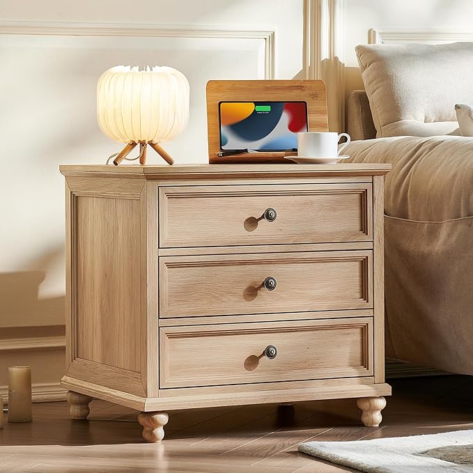 24" Wide Farmhouse Night Stand,Large End Table with 3 Drawers & Metal Handle,Natural Dresser for Bedroom, Bed Side Table Chest of Drawers Cabinet,Wood Nightstand for Living Room,Closet