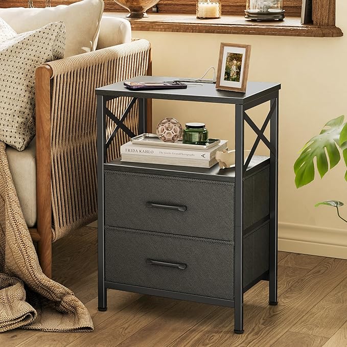 Huuger Nightstands Set of 2, Night Stand with Charger Station, 2 Drawer Side Table with Open Shelf, USB-C Port, End Table for Small Spaces, X Shaped Side Rail, Black