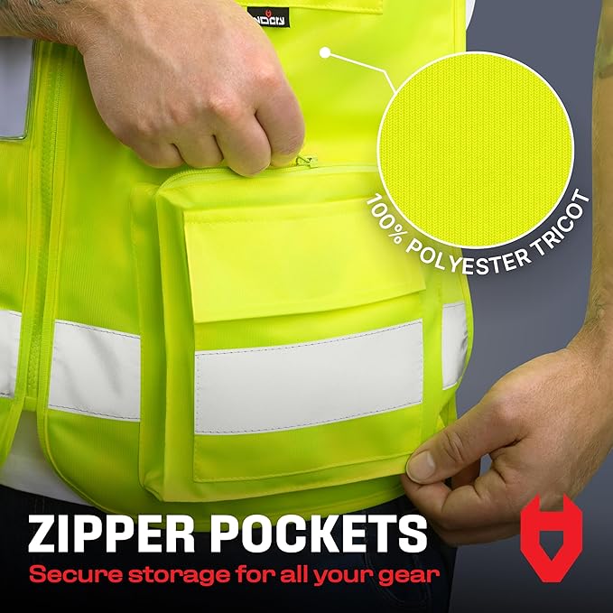 NoCry Premium Reflective Safety Vest for Men with Heavy-Duty Stitching & Phone Pocket — ANSI Class 2 High-Visibility Neon Workwear with Multiple Pockets – Ideal for Construction Workers & Surveyors
