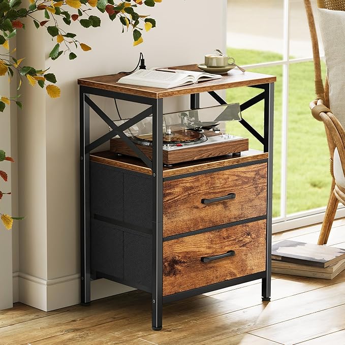 Huuger Night Stand with Charger Station, 2 Drawer Nightstand with Open Shelf, Bed Side Table with USB-C Port, End Table, Compact Size for Small Spaces, X Shaped Side Rail, Rustic Brown