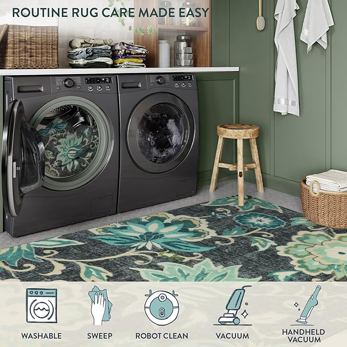 Lahome Floral Entryway Rug - 2x3 Small Throw Kitchen Rugs Non-Slip Washable Bedroom Rugs Blue Paisley Print Bathroom Mat Accent Distressed Doormat Floor Carpet for Laundry Room Living Room Office