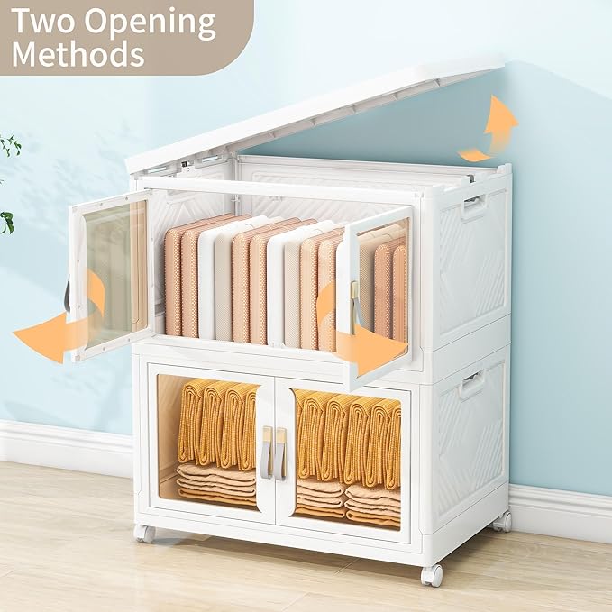 Large Clear Stackable Storage Bins with Lids, 398QT-99.5QT*4Tier Foldable Cabinet for Closet Organizers, Plastic Storage Box with Wheels White