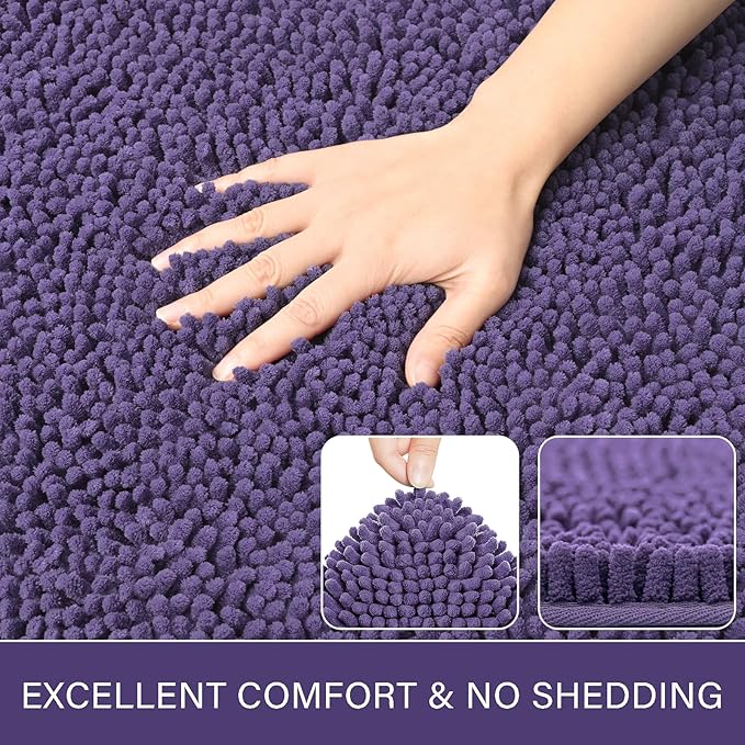 LOCHAS Luxury Bathroom Rug Shaggy Bath Mat 20 x 30 Inch, Washable Non Slip Bath Rugs for Bathroom Shower, Soft Plush Chenille Absorbent Carpets Mats, Dark Purple