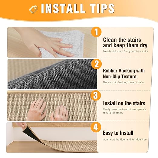 Chenille Stair Treads Non Slip 4pcs Absorbent Stair Runner for Wooden Steps Rubber Backing Stairs Carpet Treads Indoor Staircase Covers Mat with Rubber Backing for Pets Kids 8"X30" Beige