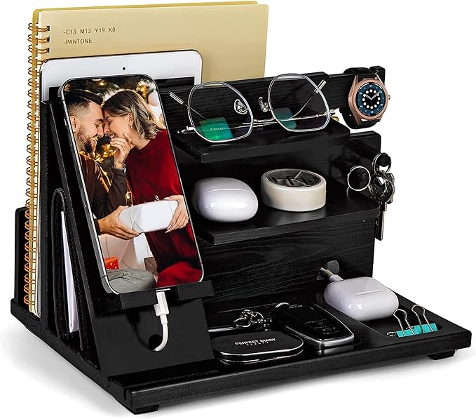 KOCWELL Wood Phone Docking Station, Gifts for Men, Nightstand Organizer Wood for Phone Tablet Earphones Watch Wallet Rings Pens Keys Notebook etc, Birthday Gifts for Men Husband Dad Boyfriend