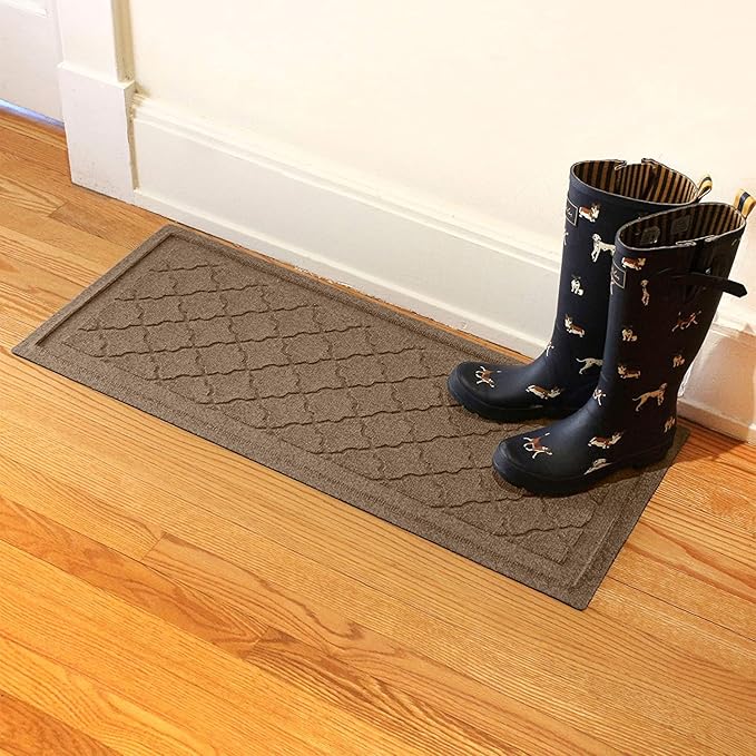 WaterHog Indoor Outdoor Boot Tray Mat – Skid-Resistant Entry Rug for Front Door, Mudroom, Porch, Patio, Garage, All Weather Floor Protector, Made in USA, Cordova Pattern, Khaki/Camel, 15 x 36 Inches