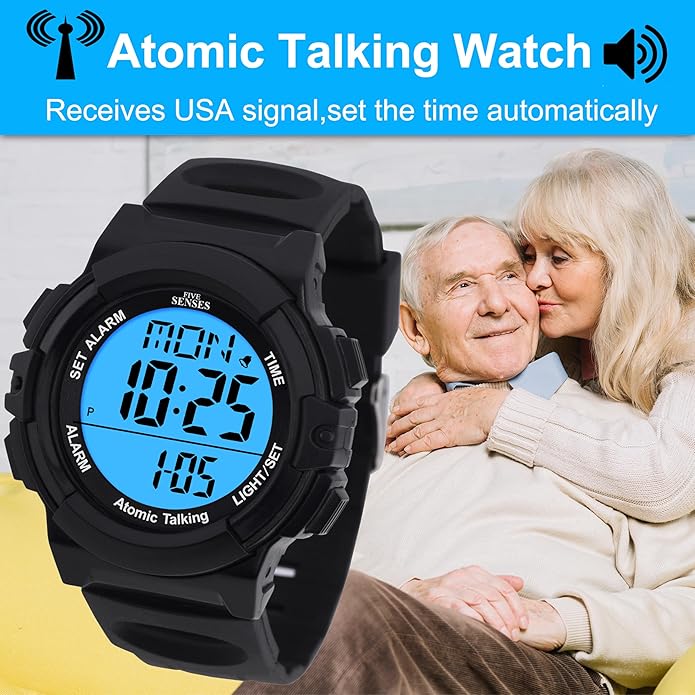 Five Senses Atomic English Talking Watch for Seniors Men and Women Talking with Day-Date Loud Alarm Clock Visually Impaired (Black)
