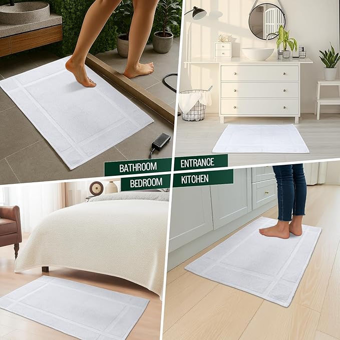 Pearl Linens Pack of 2 100% Cotton Bath Mat 18x25 inches, Soft & Absorbent Quick Dry Bathroom Mat Set, Not Bathroom Rugs, After Shower Mat, Bath Tub Mat, 687 GSM, Machine Washable, White