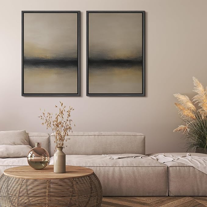 MUDECOR Framed Canvas Print Wall Art Abstract Sunset Horizon Modern Minimalist Beige and Black Illustrations Modern Art Decorative Bohemian Colorful for Living Room, Bedroom, Office - 24"x36"x2 Black