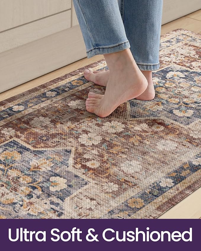 DEXI Kitchen Floor Mats Anti Fatigue, 23x86 Large Long Cushioned Vintage Runner Rug Waterproof, Standing Comfort Memory Foam Padded for Front Sink Laundry Office, Reddish Brown