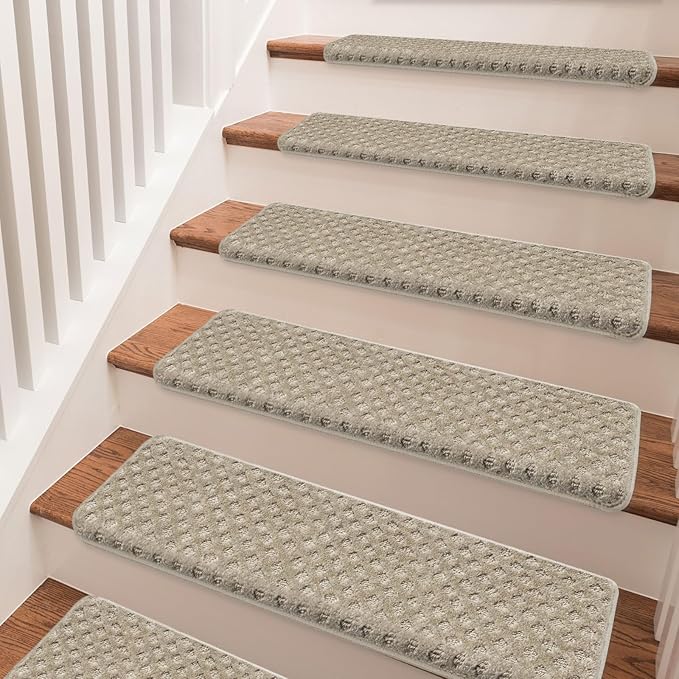 PURE ERA Bullnose Carpet Stair Treads Tape Free Non-Slip Indoor Stair Protectors Pet Friendly Stair Treads for Wooden Steps 9.5" x 30"(2 Pieces,Cream Gray Mini-Diamond Trellis)